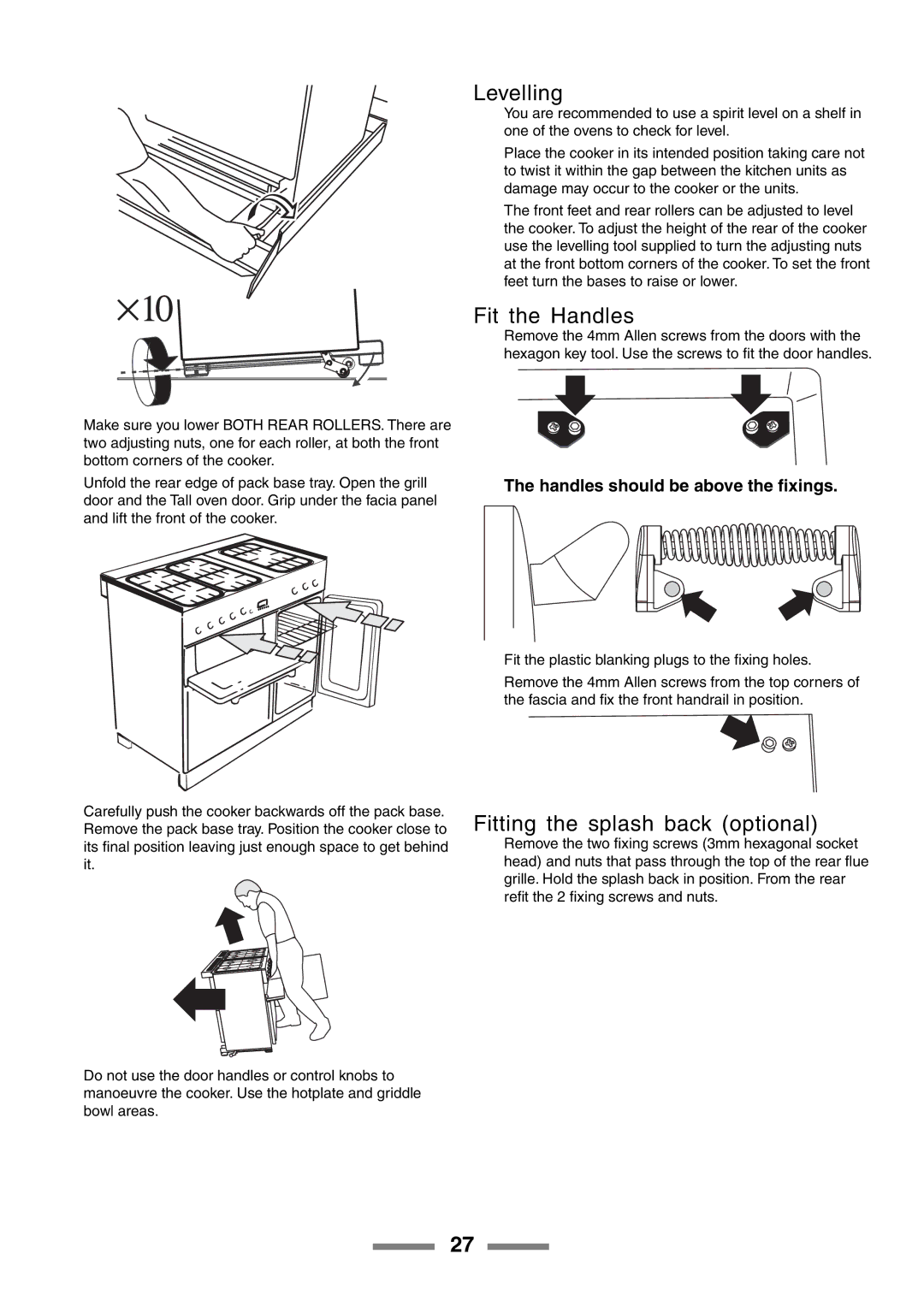 Rangemaster 90 manual Levelling, Fit the Handles, Fitting the splash back optional, Handles should be above the ﬁxings 