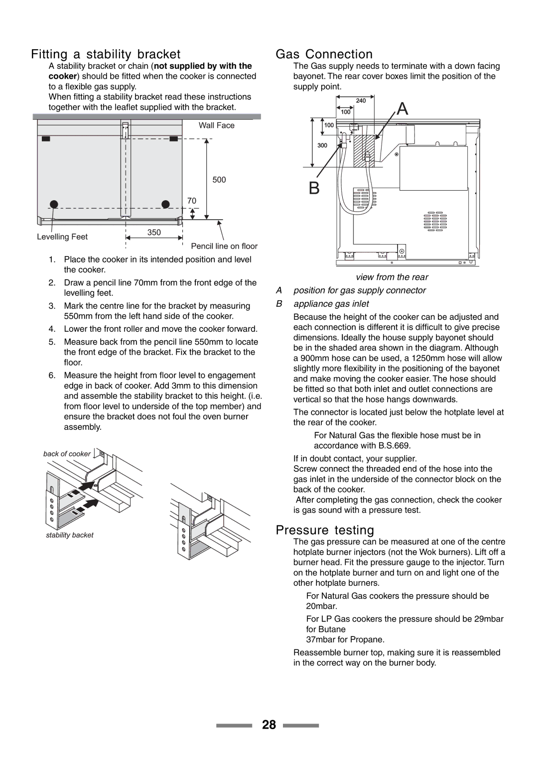 Rangemaster 90 manual Fitting a stability bracket, Gas Connection, Pressure testing 