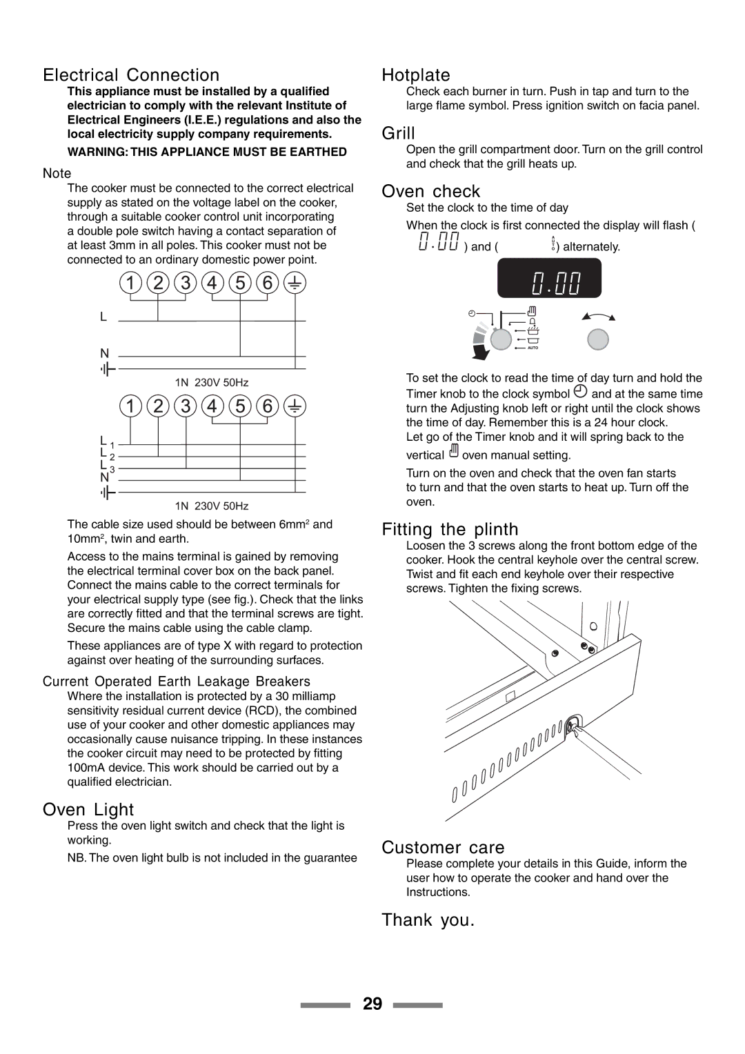 Rangemaster 90 manual Electrical Connection, Hotplate, Oven check, Fitting the plinth, Customer care, Thank you 