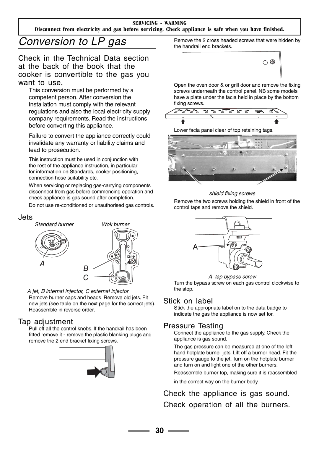 Rangemaster 90 manual Conversion to LP gas, Jets, Tap adjustment, Stick on label 