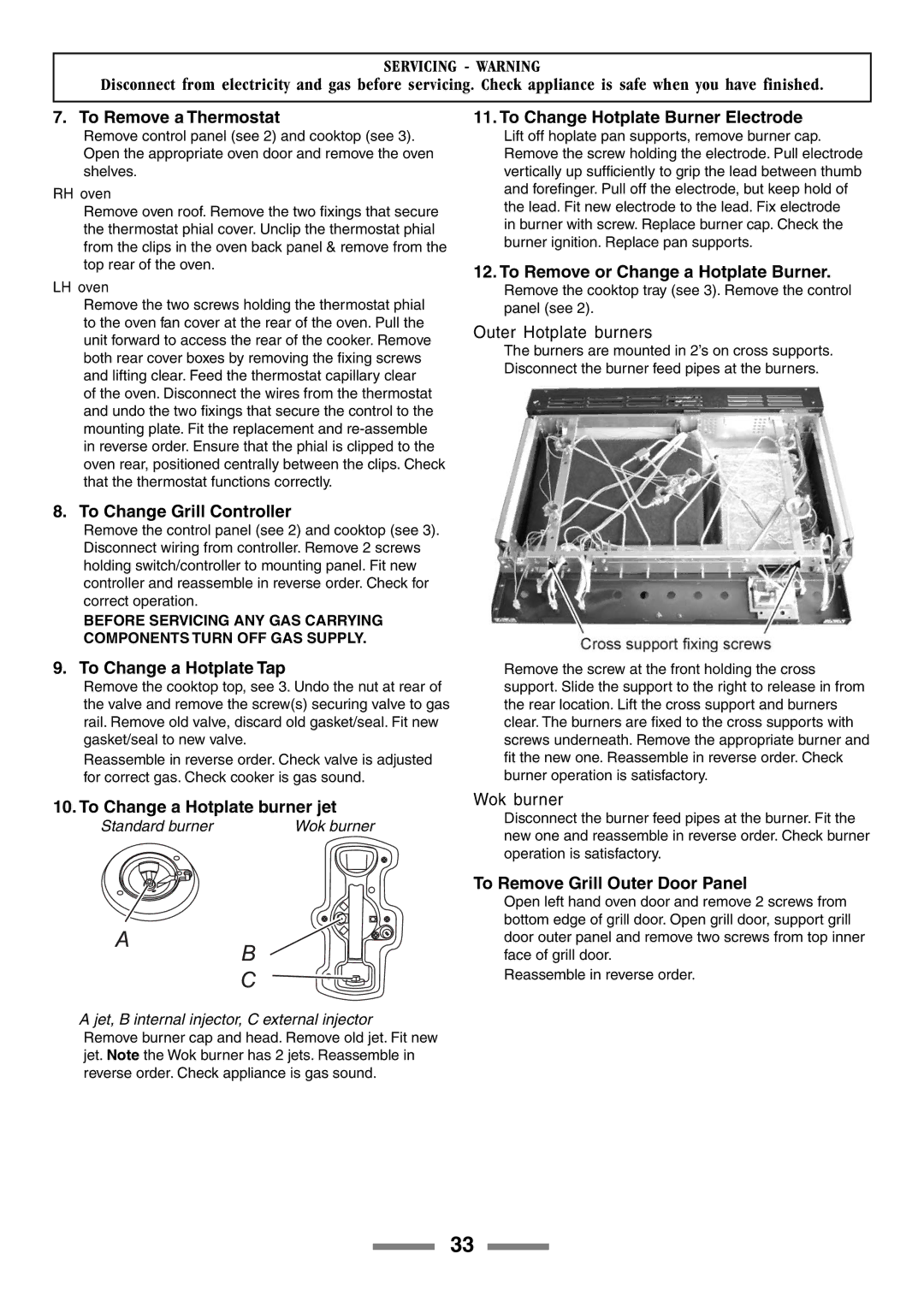 Rangemaster 90 manual To Remove a Thermostat, To Change Grill Controller, To Change a Hotplate Tap 