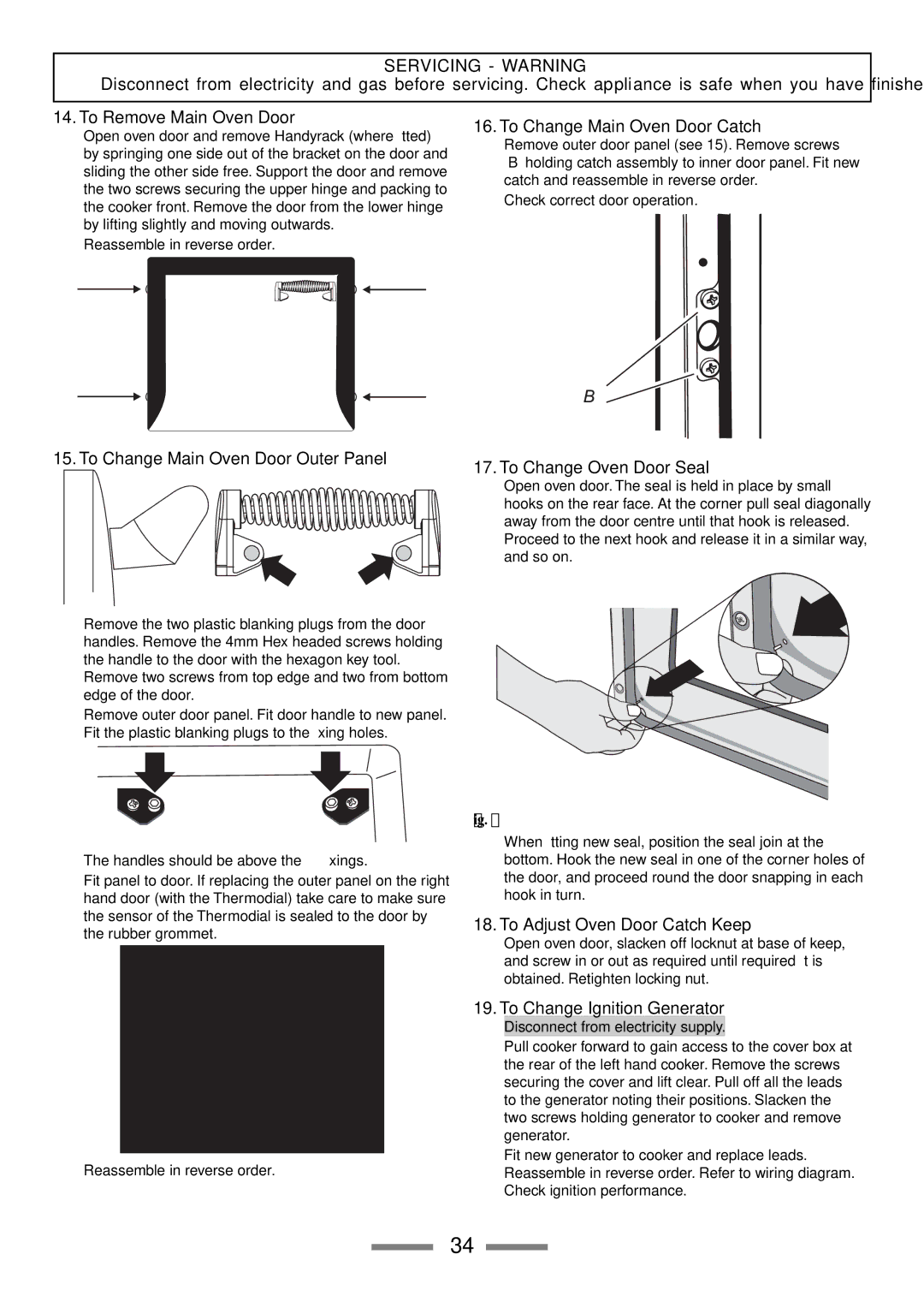 Rangemaster 90 manual To Remove Main Oven Door, To Change Main Oven Door Outer Panel, To Change Main Oven Door Catch 