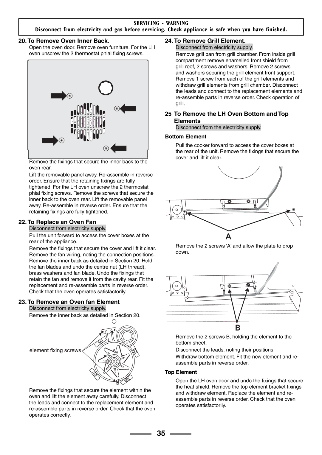 Rangemaster 90 To Remove Oven Inner Back, To Replace an Oven Fan, To Remove an Oven fan Element, To Remove Grill Element 