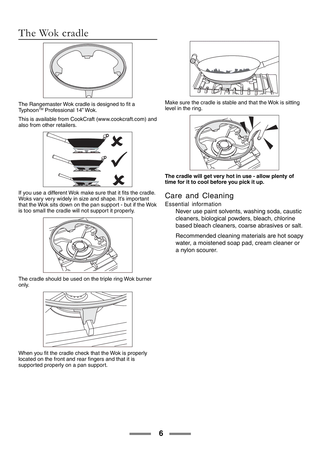 Rangemaster 90 manual Wok cradle, Care and Cleaning 