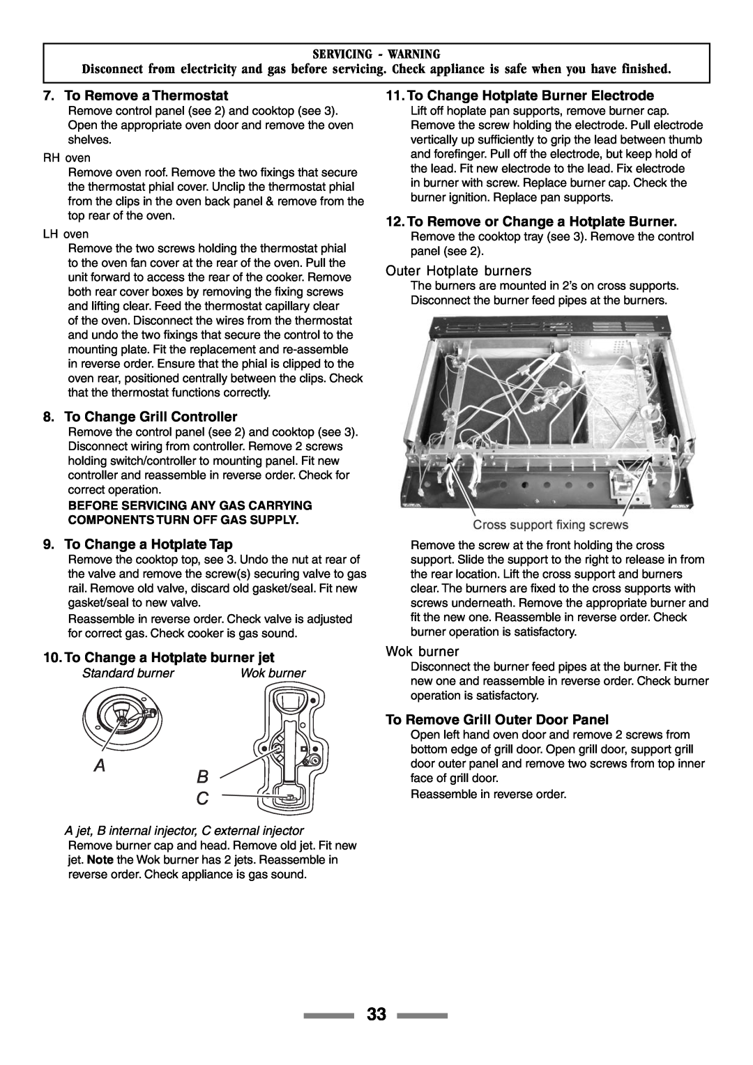 Rangemaster 90 manual To Remove a Thermostat, To Change Grill Controller, To Change a Hotplate Tap, Servicing - Warning 