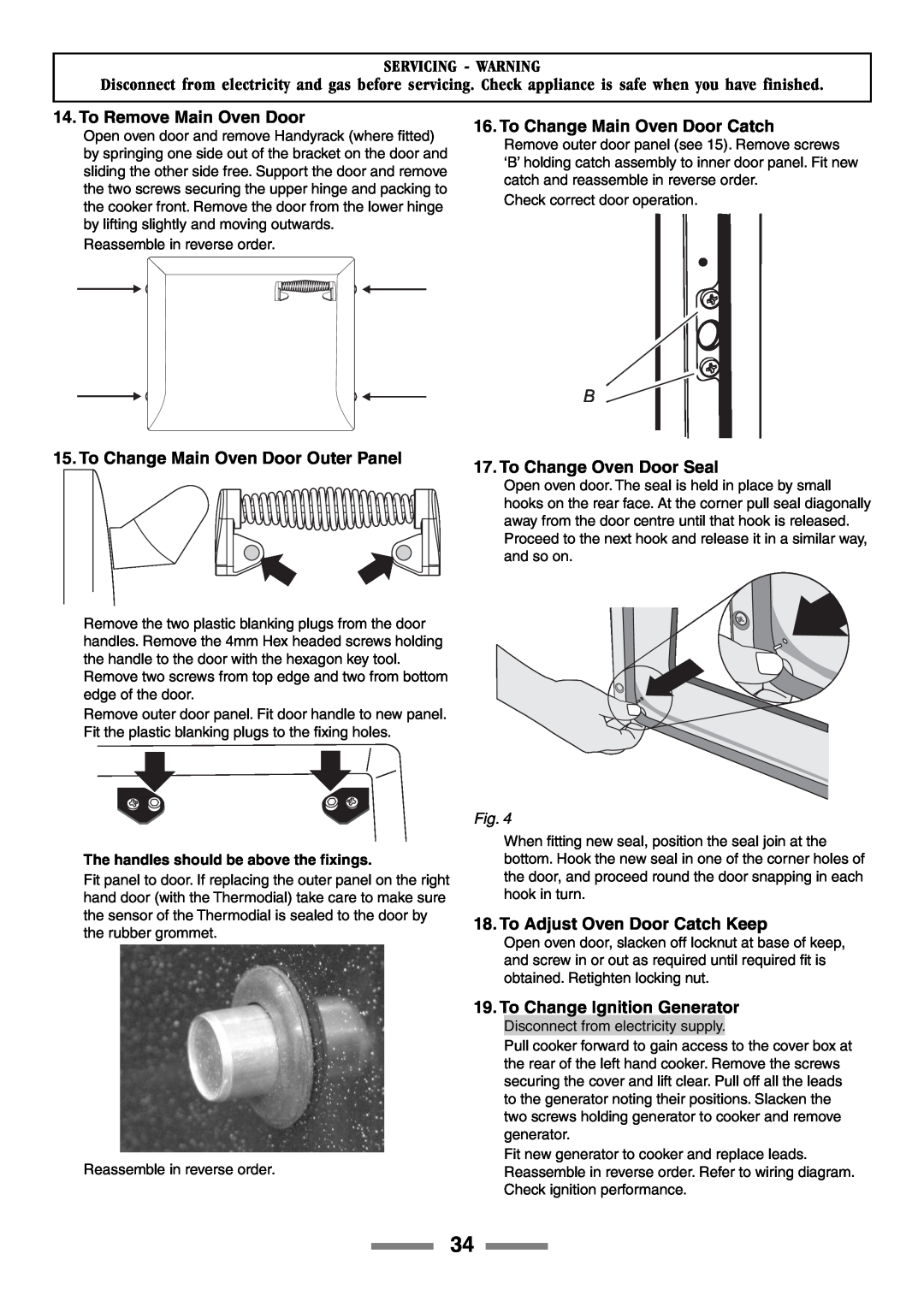 Rangemaster 90 manual To Remove Main Oven Door, To Change Main Oven Door Outer Panel, To Change Main Oven Door Catch 
