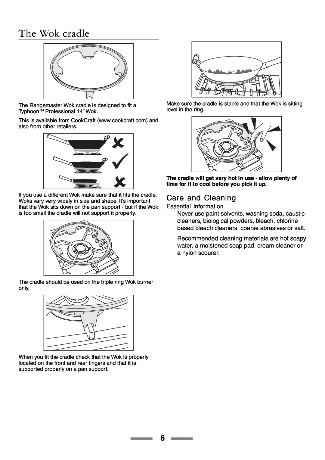 Rangemaster 90 manual The Wok cradle, Care and Cleaning 