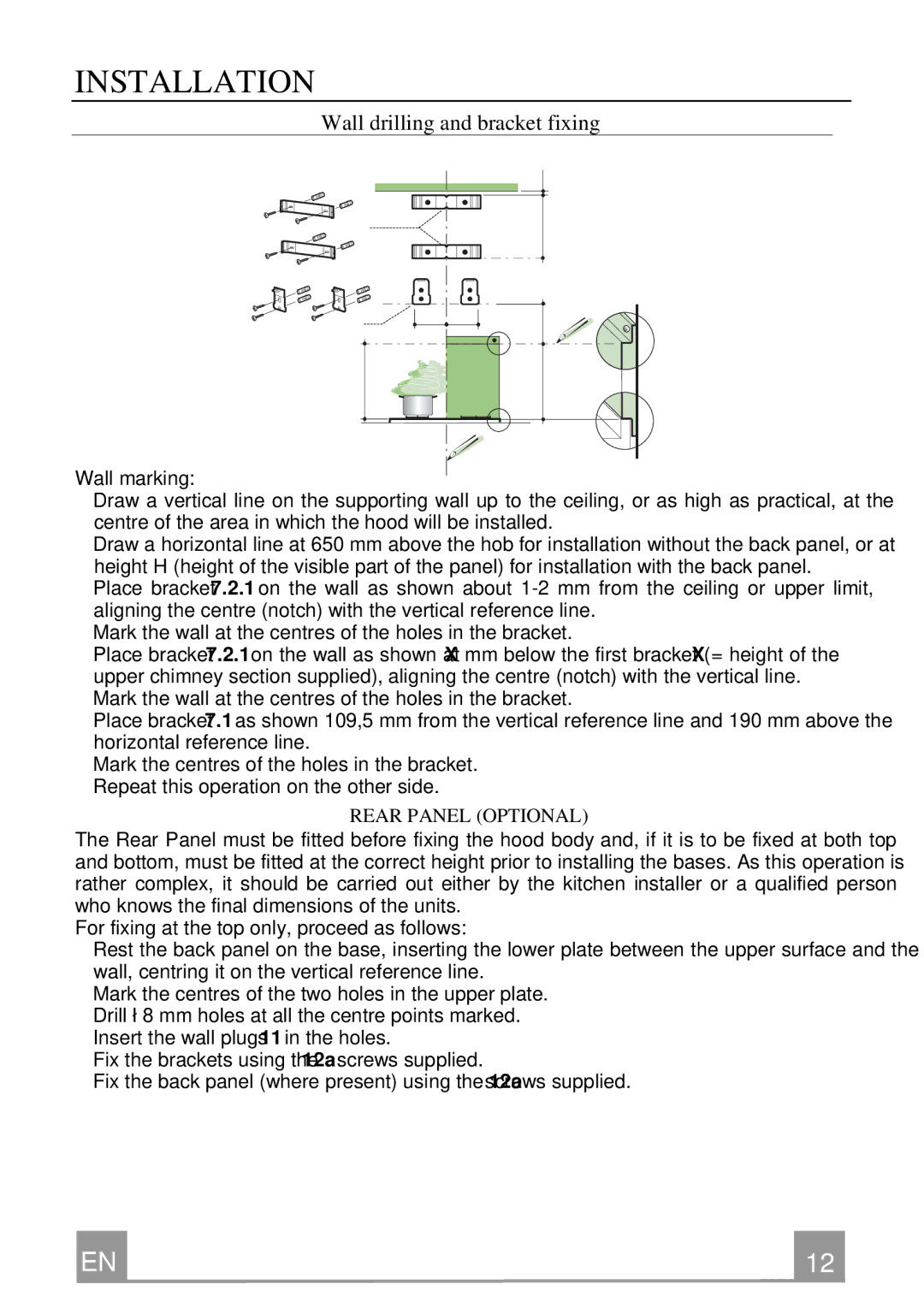 Rangemaster Chimney Hood manual Installation, Wall drilling and bracket fixing, Rear Panel Optional 