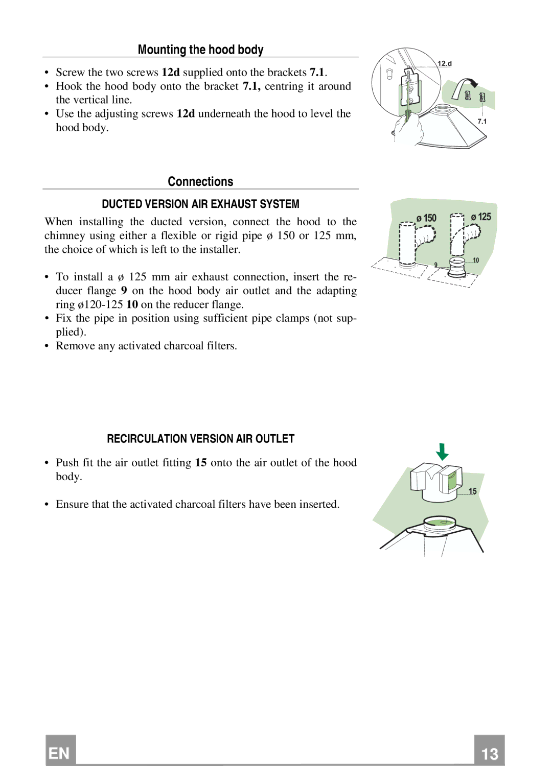 Rangemaster Chimney Hood manual Mounting the hood body, Connections, Ducted Version AIR Exhaust System 