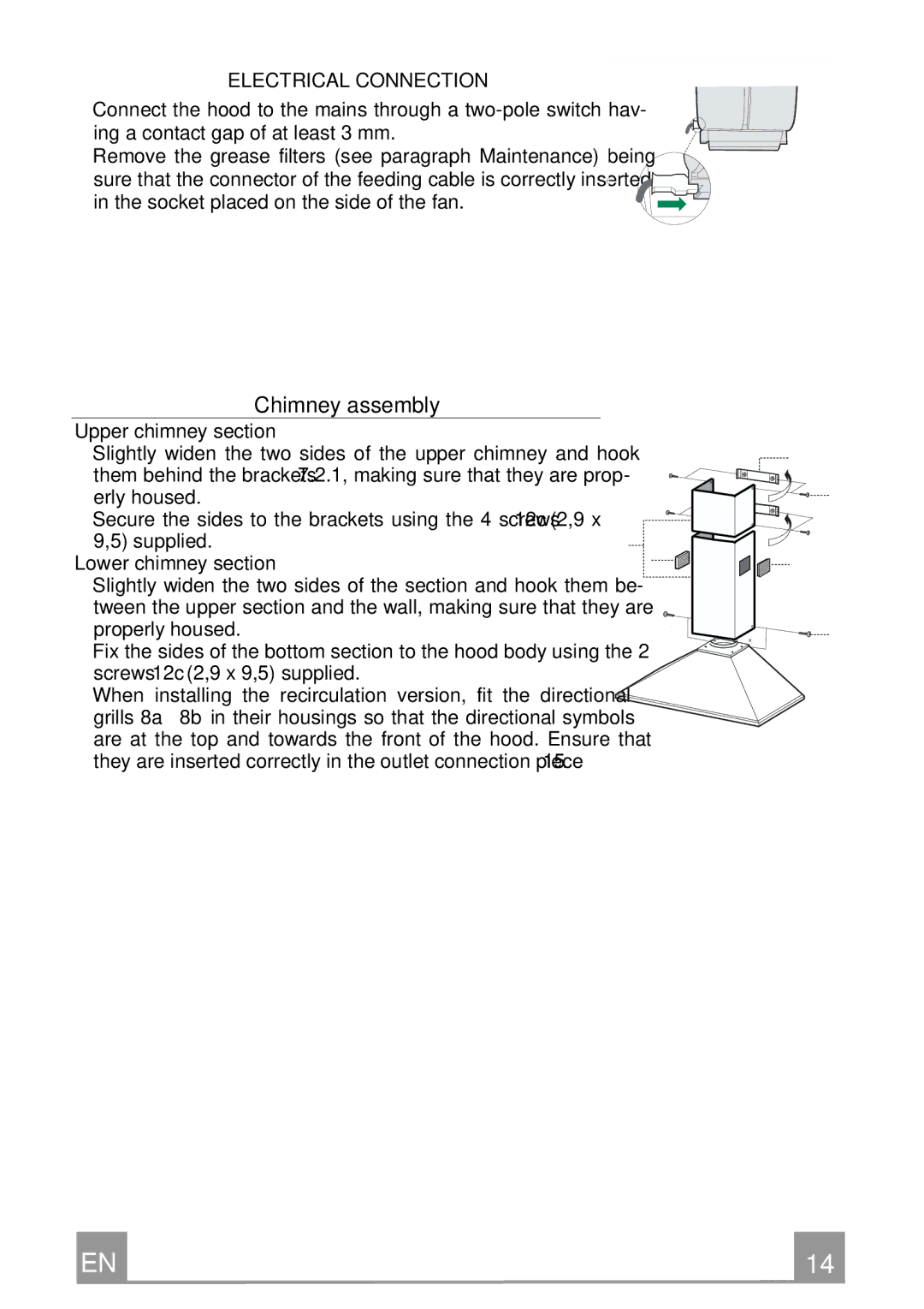 Rangemaster Chimney Hood manual Chimney assembly, Electrical Connection, Upper chimney section, Lower chimney section 