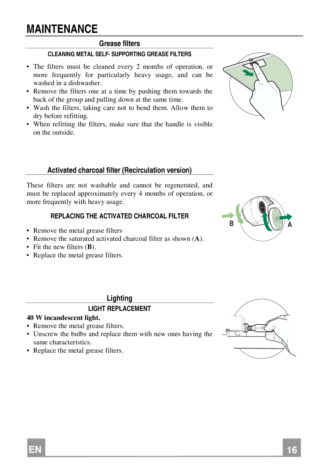 Rangemaster Chimney Hood manual Maintenance, Grease filters, Activated charcoal filter Recirculation version, Lighting 