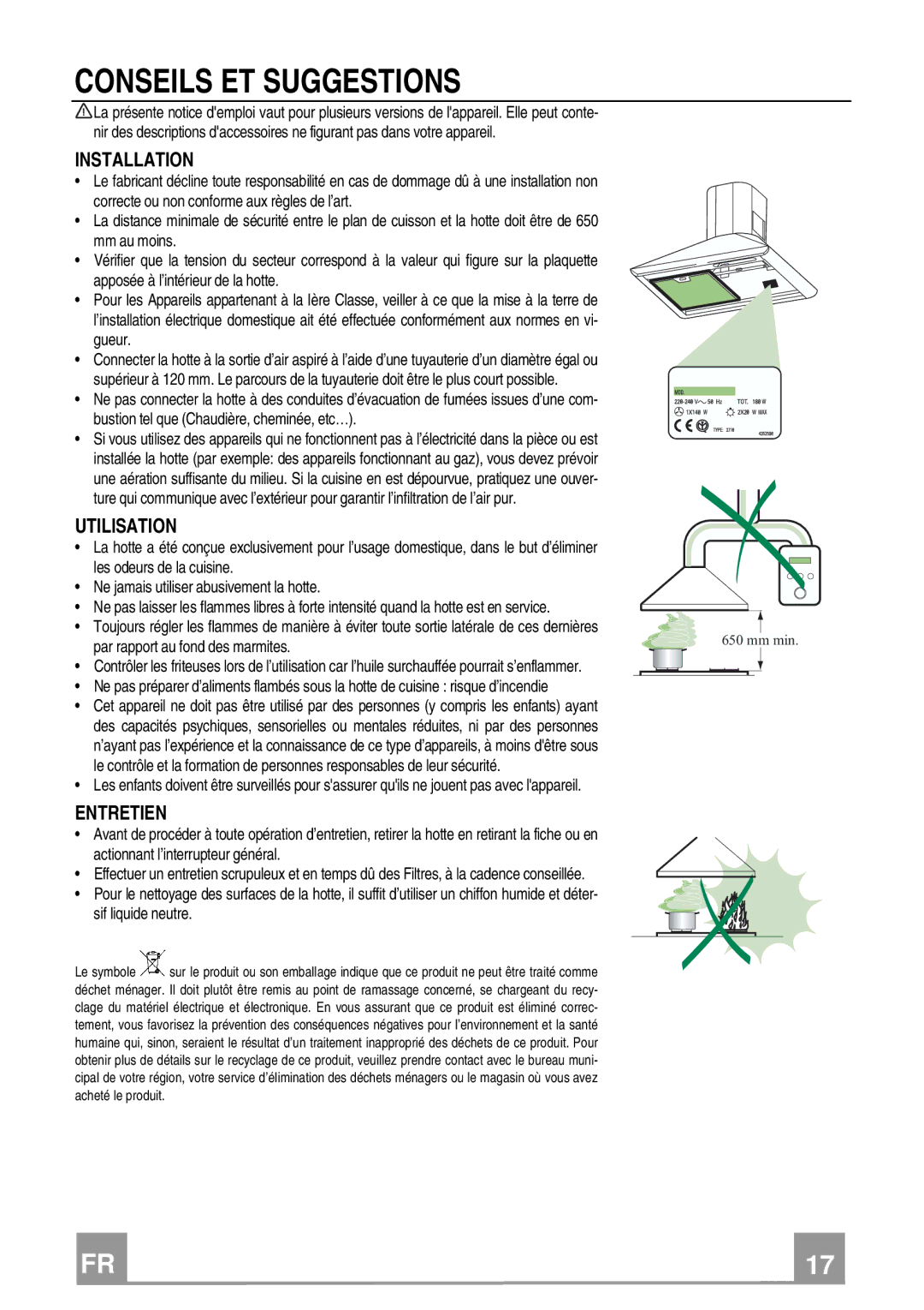 Rangemaster Chimney Hood manual Conseils ET Suggestions, Utilisation, Entretien 