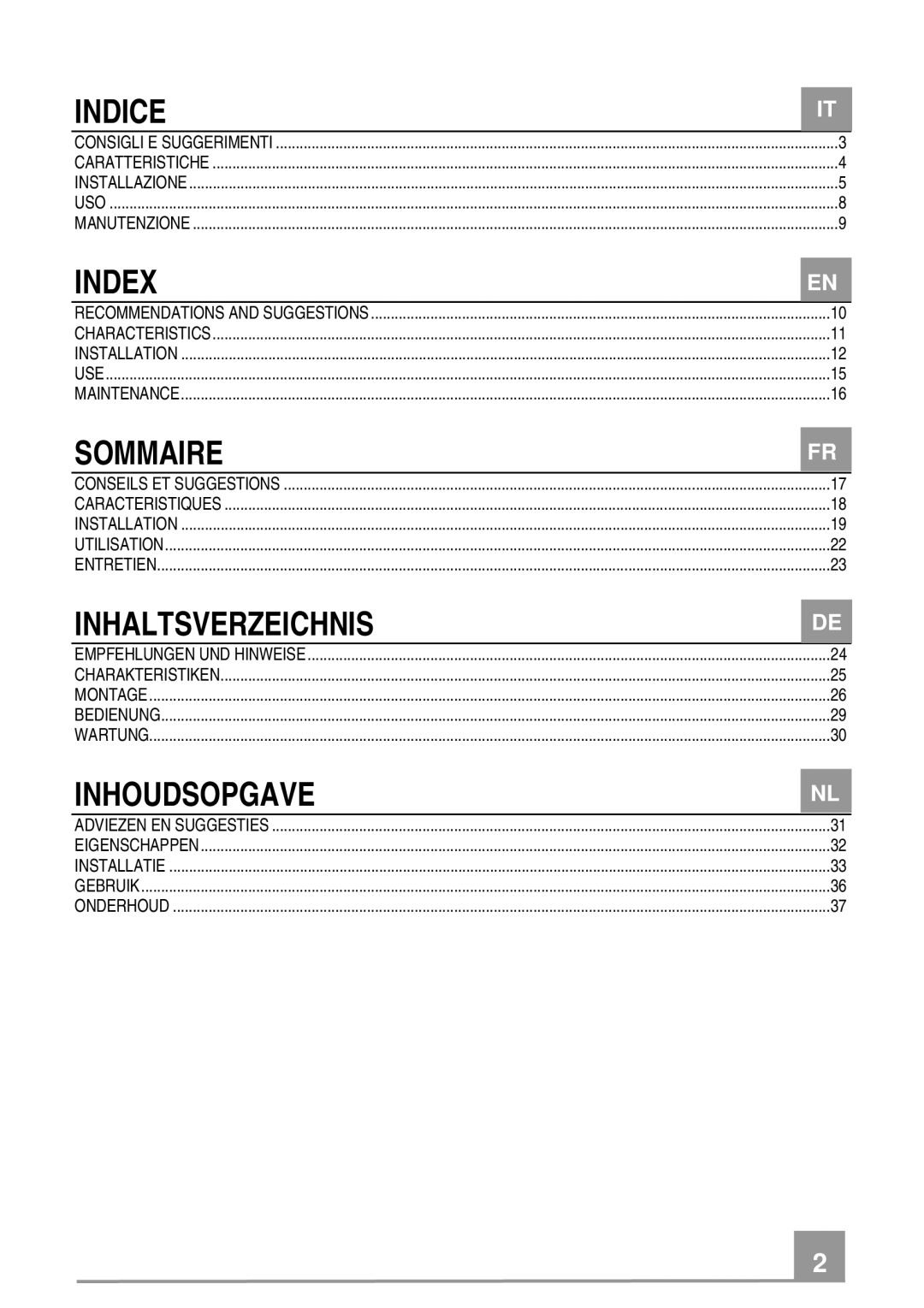 Rangemaster Chimney Hood manual Indice, Index, Sommaire, Inhaltsverzeichnis, Inhoudsopgave 