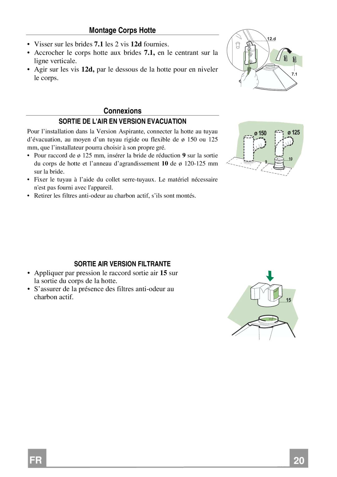 Rangemaster Chimney Hood manual Montage Corps Hotte, Connexions, Sortie DE Lair EN Version Evacuation 