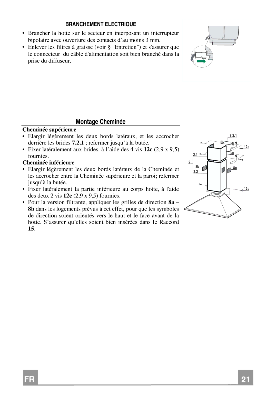 Rangemaster Chimney Hood manual Montage Cheminée, Branchement Electrique, Cheminée supérieure, Cheminée inférieure 