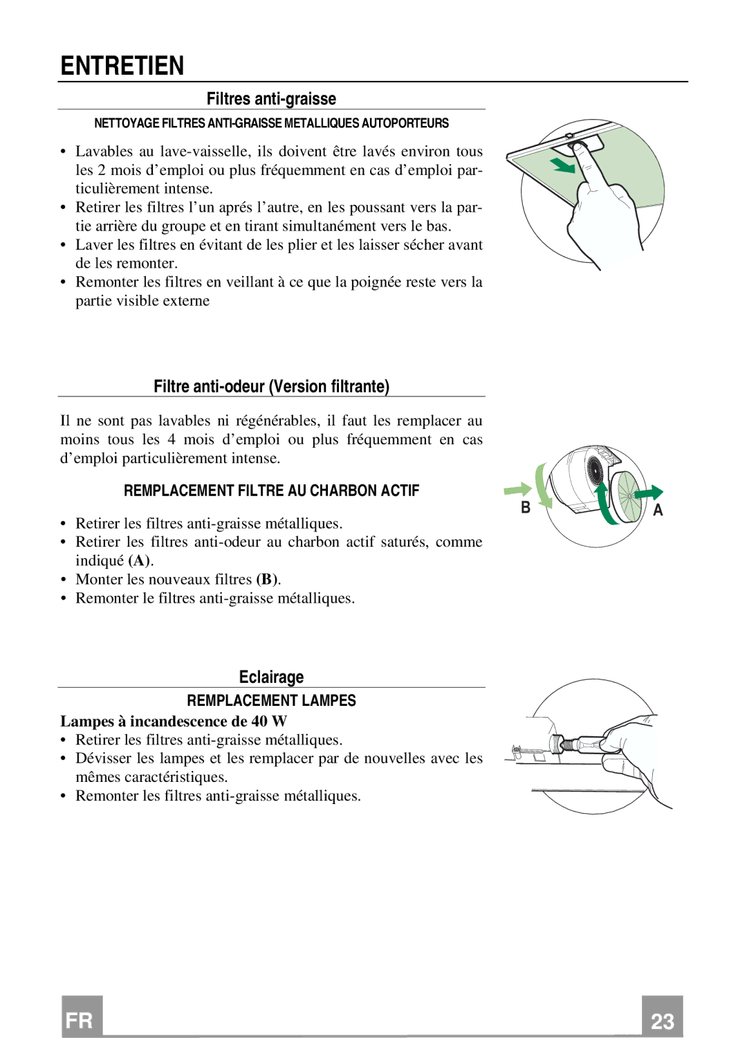 Rangemaster Chimney Hood manual Entretien, Filtres anti-graisse, Filtre anti-odeur Version filtrante, Eclairage 