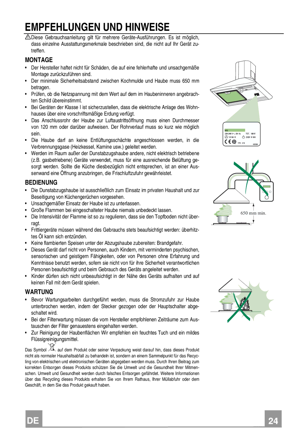 Rangemaster Chimney Hood manual Empfehlungen UND Hinweise, Montage, Bedienung, Wartung 