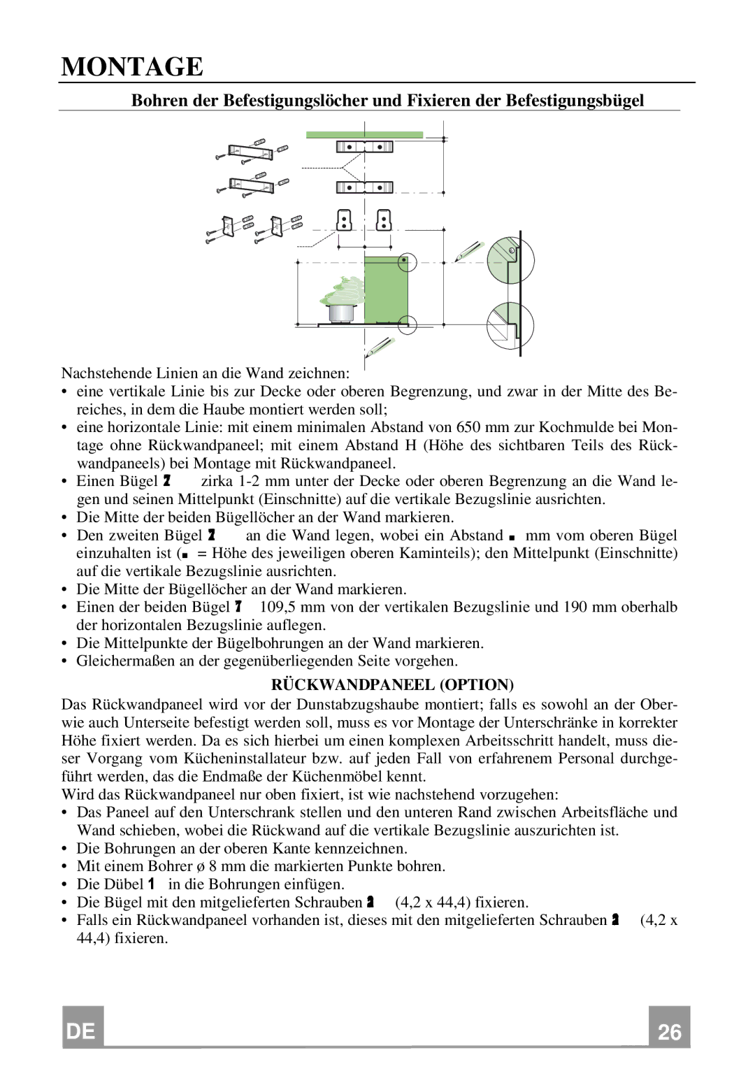 Rangemaster Chimney Hood manual Montage, Rückwandpaneel Option 