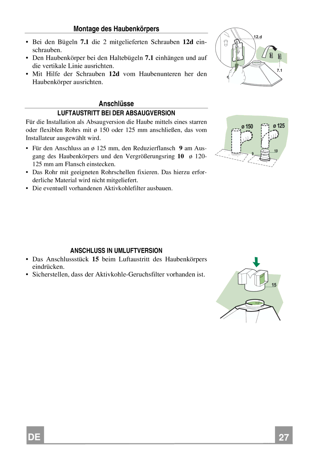 Rangemaster Chimney Hood manual Montage des Haubenkörpers, Anschlüsse, Luftaustritt BEI DER Absaugversion 