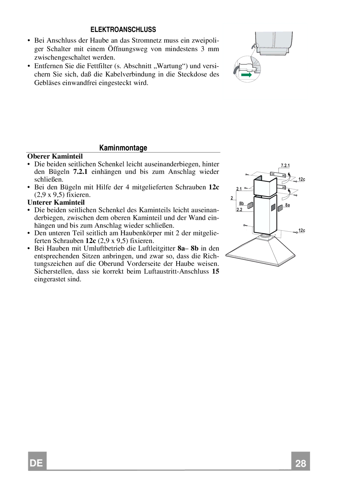 Rangemaster Chimney Hood manual Kaminmontage, Elektroanschluss, Oberer Kaminteil, Unterer Kaminteil 