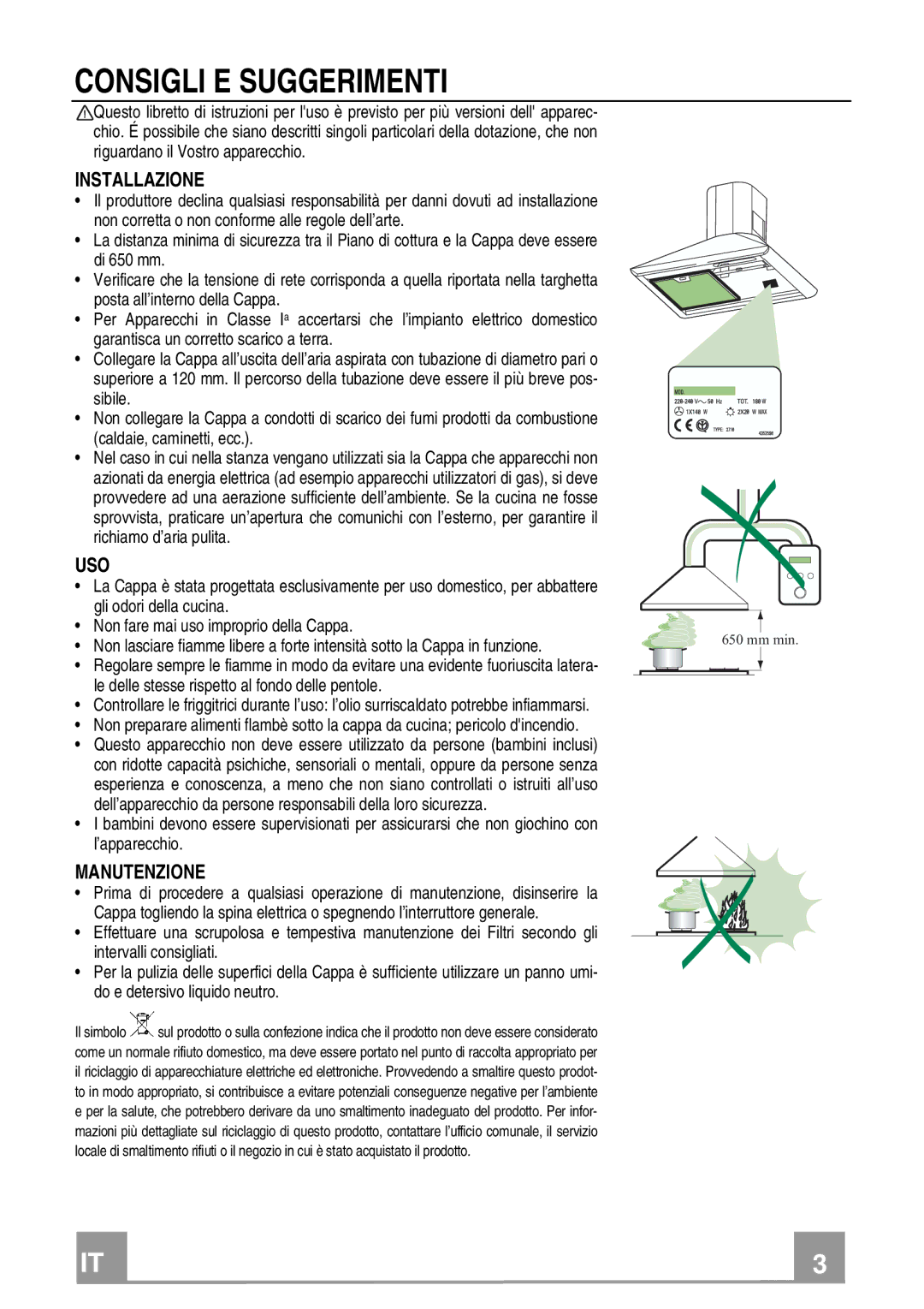 Rangemaster Chimney Hood manual Consigli E Suggerimenti, Installazione, Uso, Manutenzione 