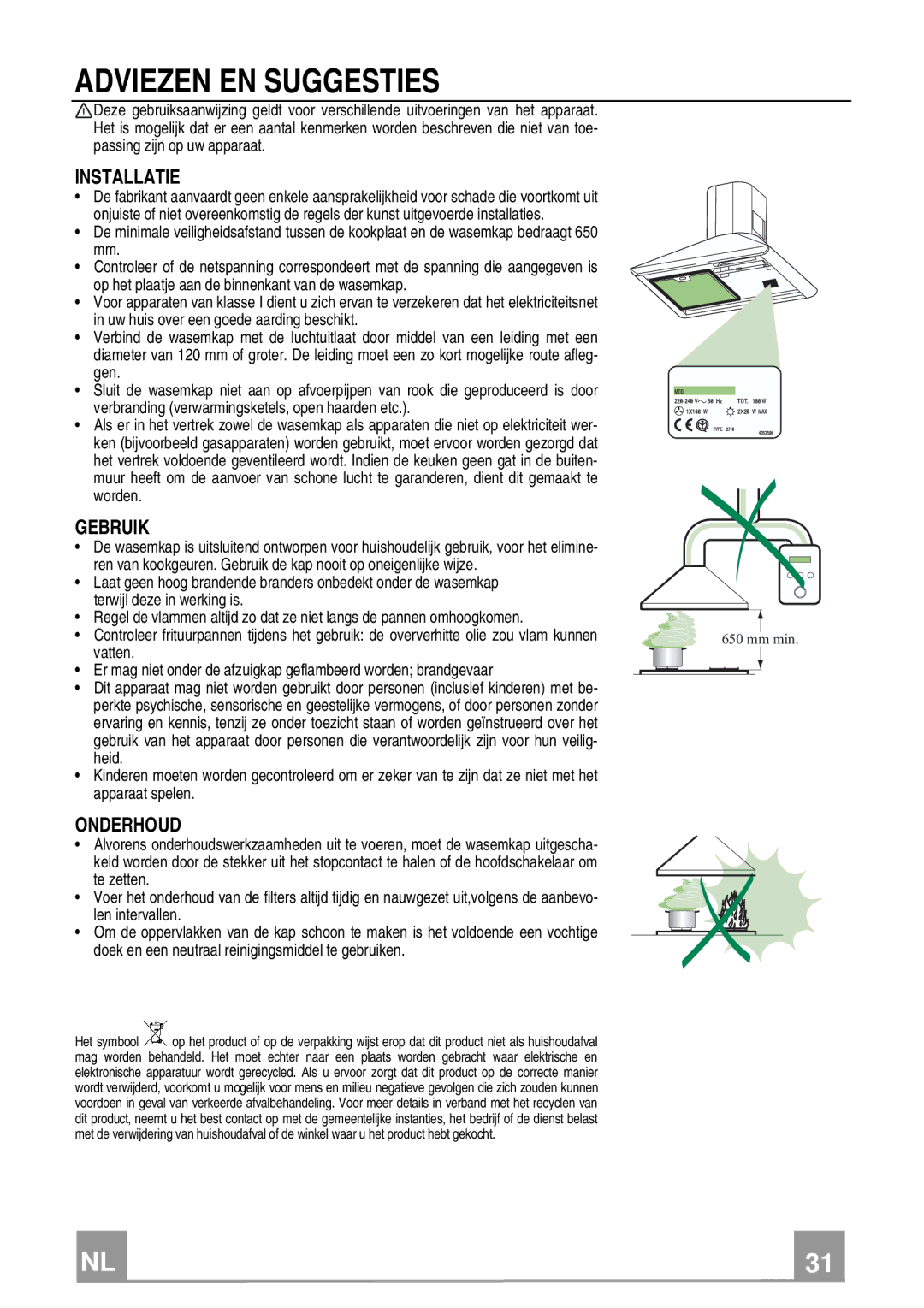 Rangemaster Chimney Hood manual Adviezen EN Suggesties, Installatie, Gebruik, Onderhoud 