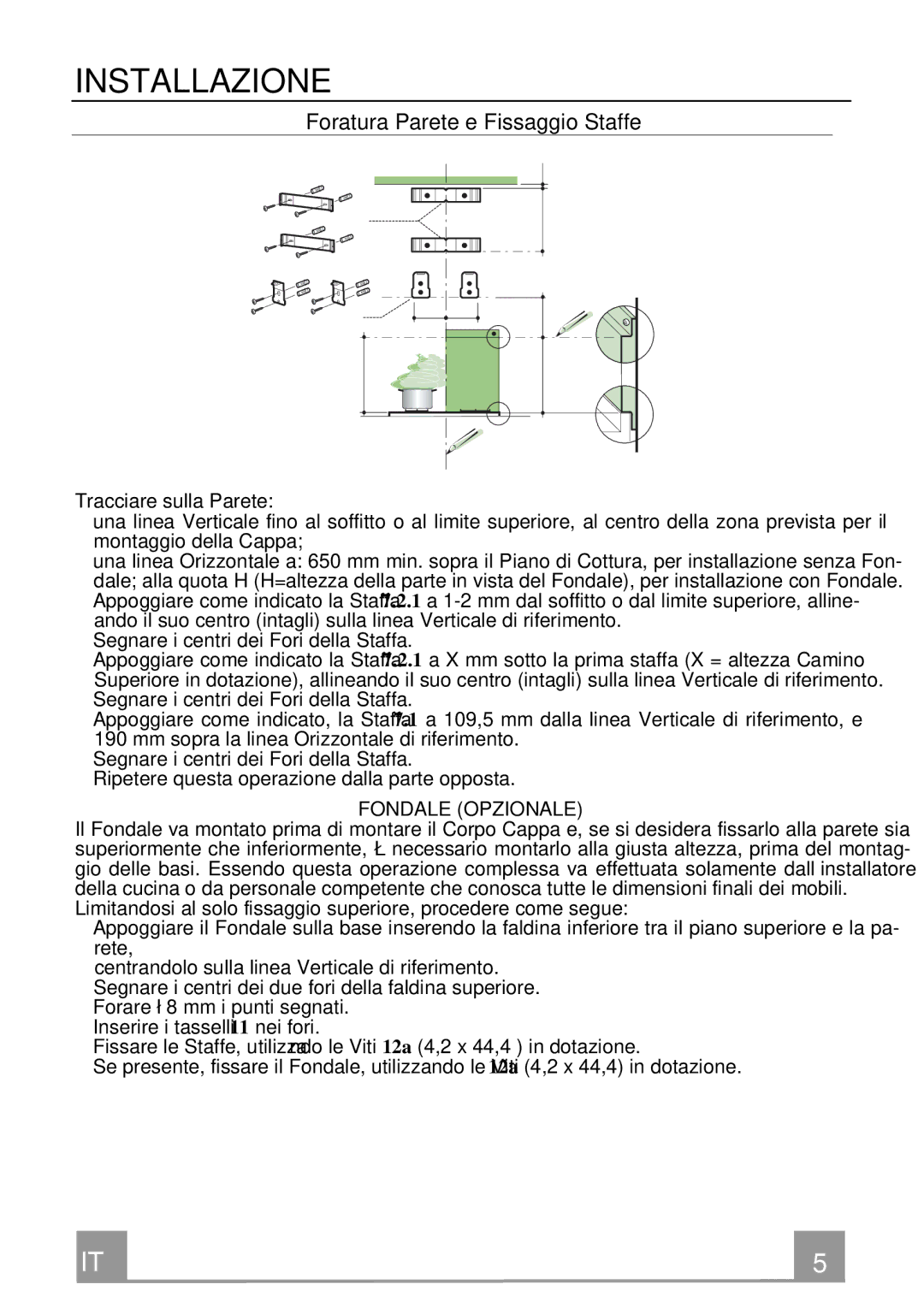 Rangemaster Chimney Hood manual Installazione, Foratura Parete e Fissaggio Staffe, Fondale Opzionale 