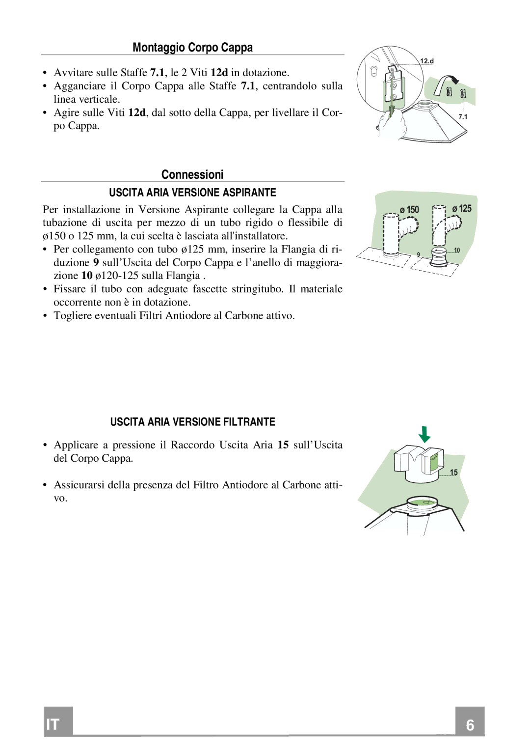 Rangemaster Chimney Hood manual Montaggio Corpo Cappa, Connessioni, Uscita Aria Versione Aspirante 