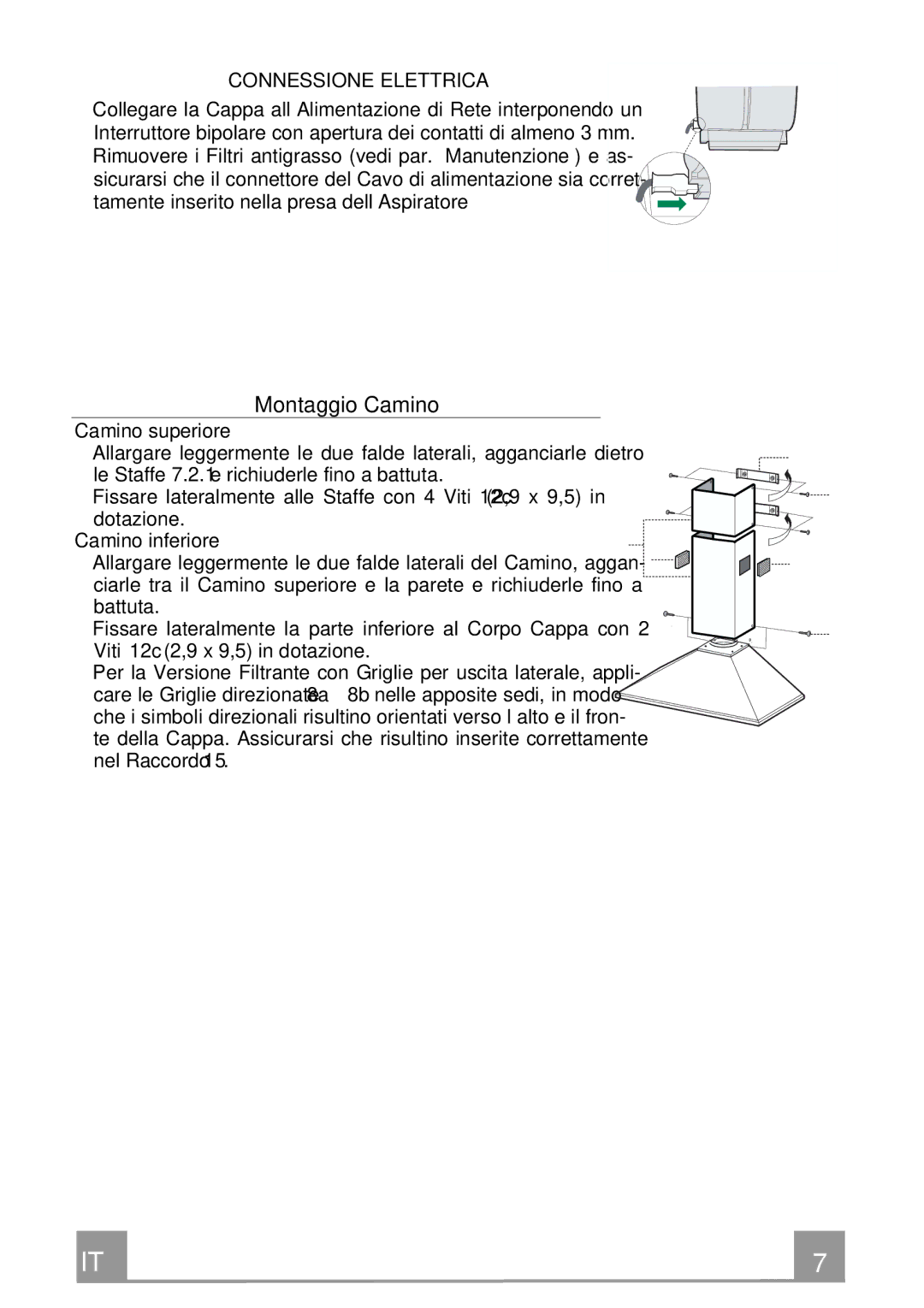 Rangemaster Chimney Hood manual Montaggio Camino, Connessione Elettrica, Camino superiore, Camino inferiore 