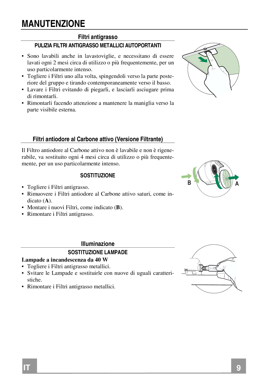 Rangemaster Chimney Hood manual Manutenzione, Filtri antigrasso, Filtri antiodore al Carbone attivo Versione Filtrante 