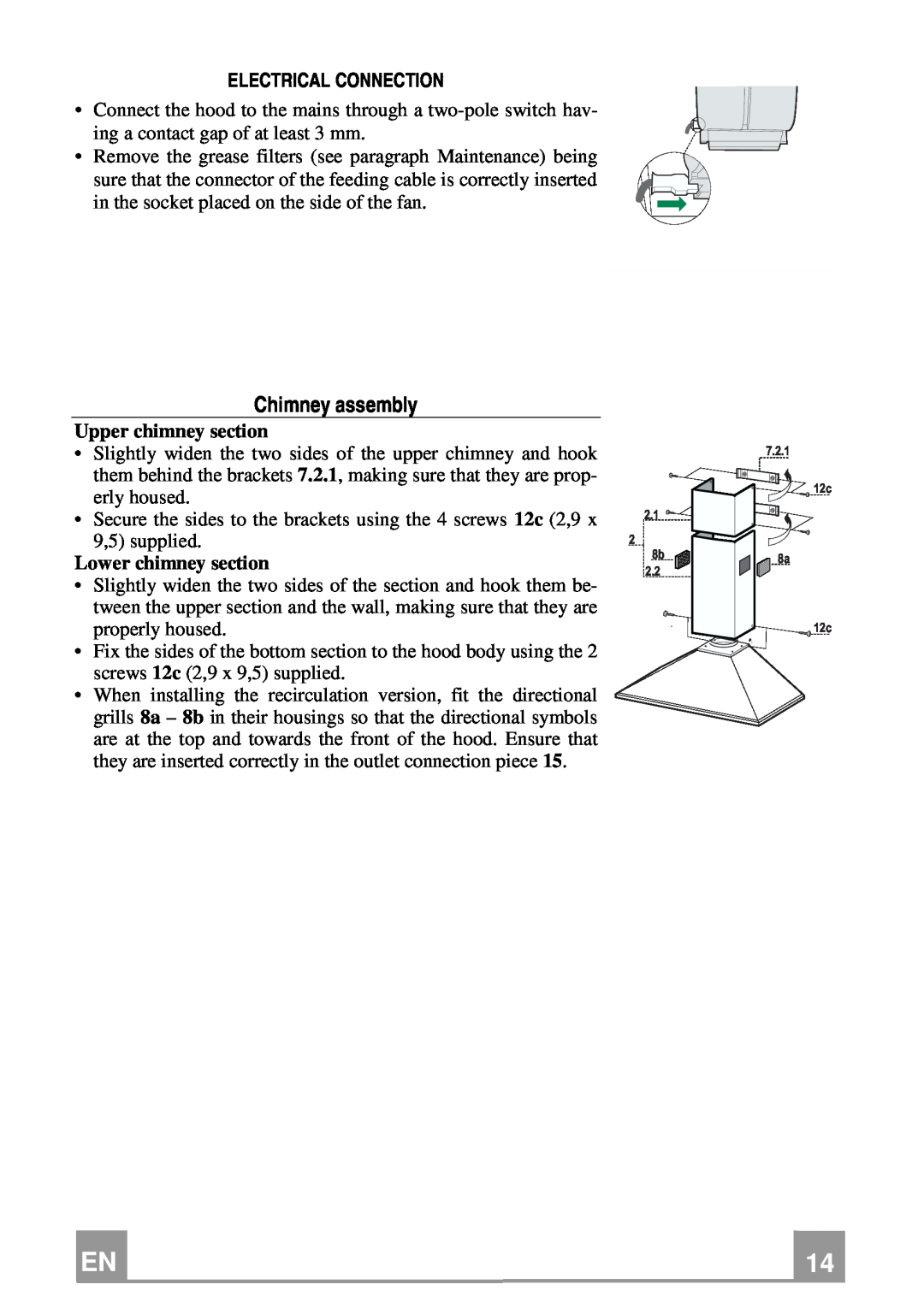 Rangemaster Chimney Hood manual Chimney assembly, Electrical Connection, Upper chimney section, Lower chimney section 