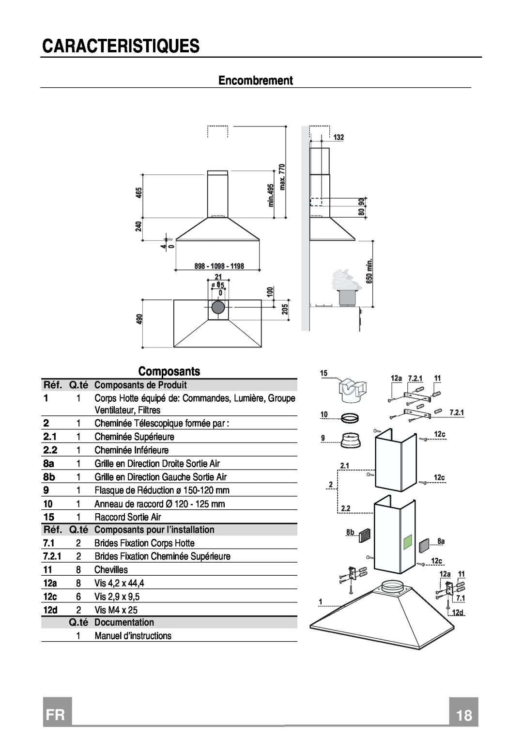 Rangemaster Chimney Hood manual Caracteristiques, Encombrement, Réf. Q.té Composants de Produit 