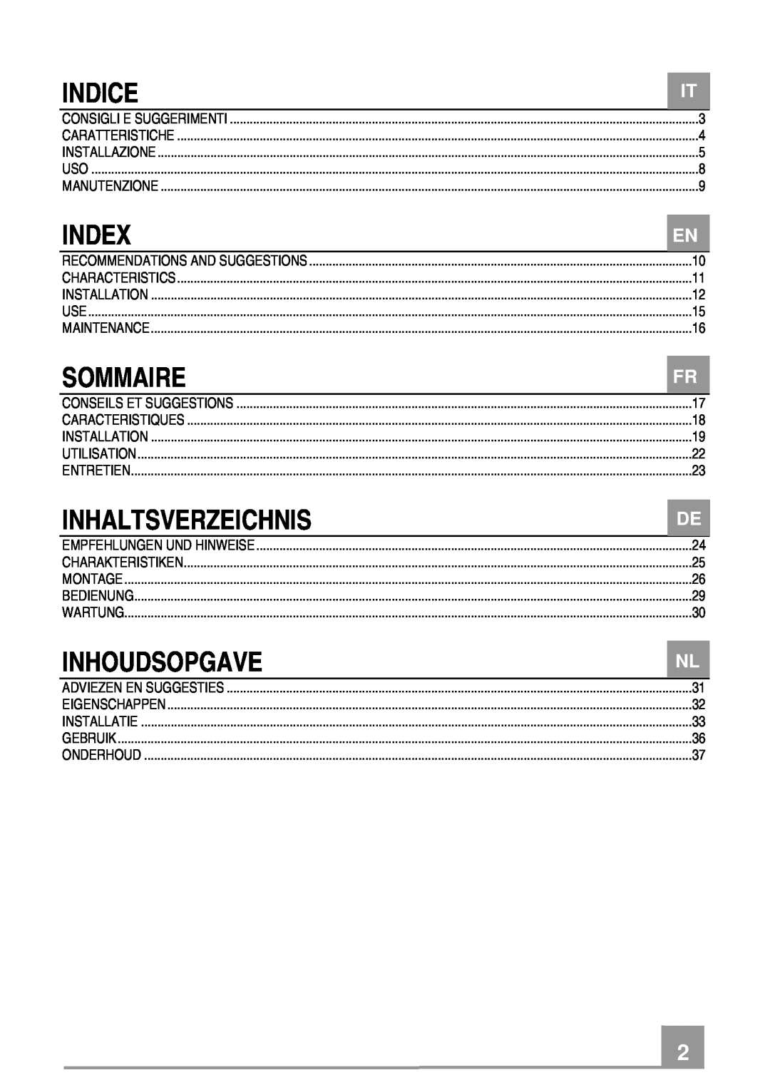 Rangemaster Chimney Hood manual Indice, Index, Sommaire, Inhaltsverzeichnis, Inhoudsopgave 
