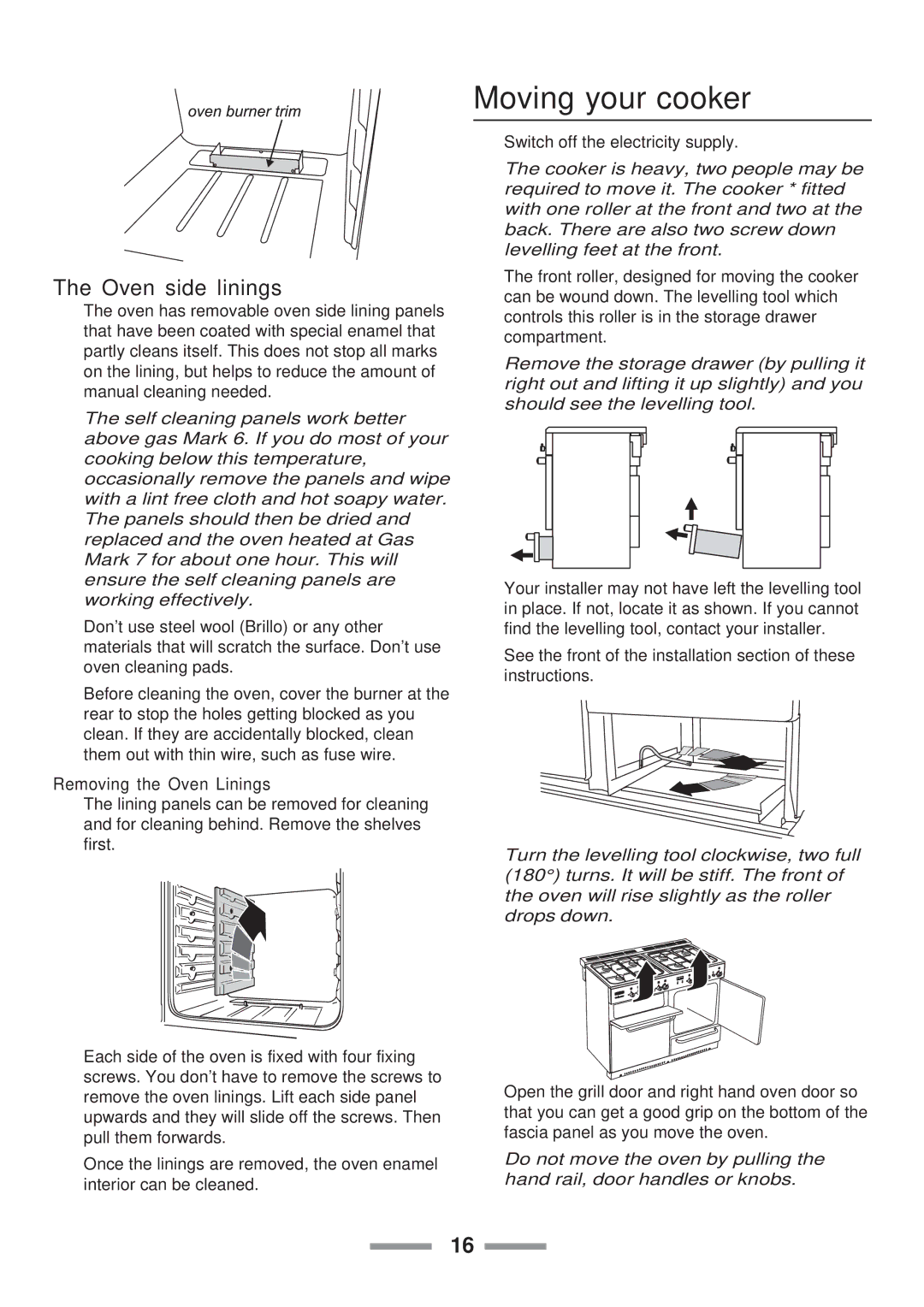 Rangemaster Classic 110 manual Moving your cooker, Oven side linings 