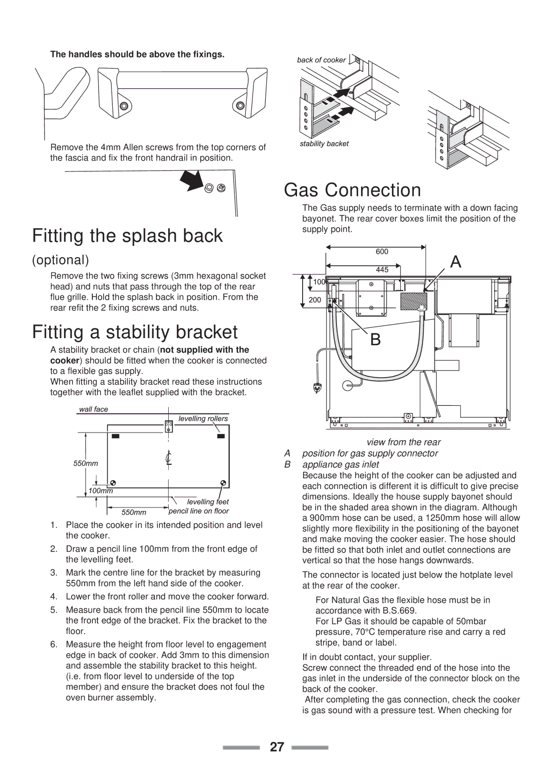 Rangemaster Classic 110 manual Fitting the splash back, Fitting a stability bracket, Gas Connection, Optional 