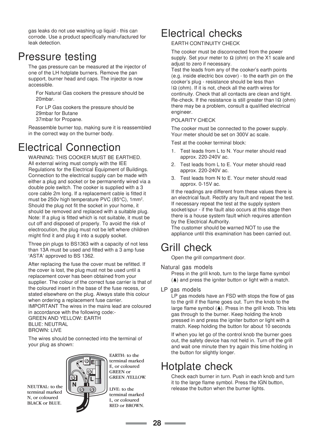 Rangemaster Classic 110 manual Pressure testing, Electrical Connection, Electrical checks, Grill check, Hotplate check 