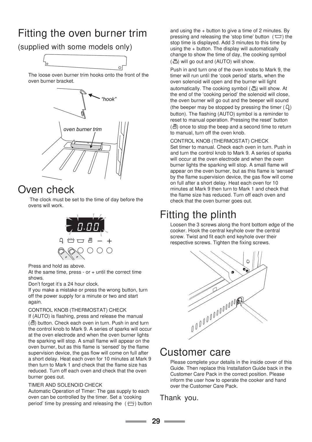 Rangemaster Classic 110 manual Fitting the oven burner trim, Oven check, Fitting the plinth, Customer care 