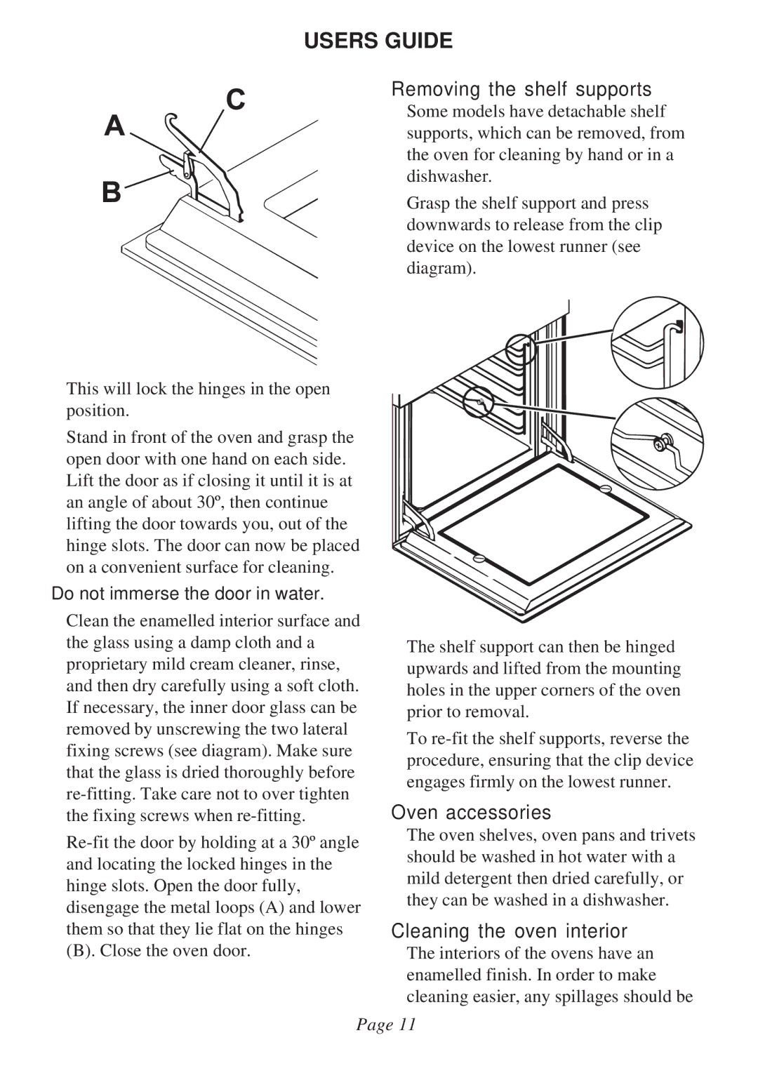 Rangemaster Double Built in Oven manual Removing the shelf supports, Oven accessories, Cleaning the oven interior 