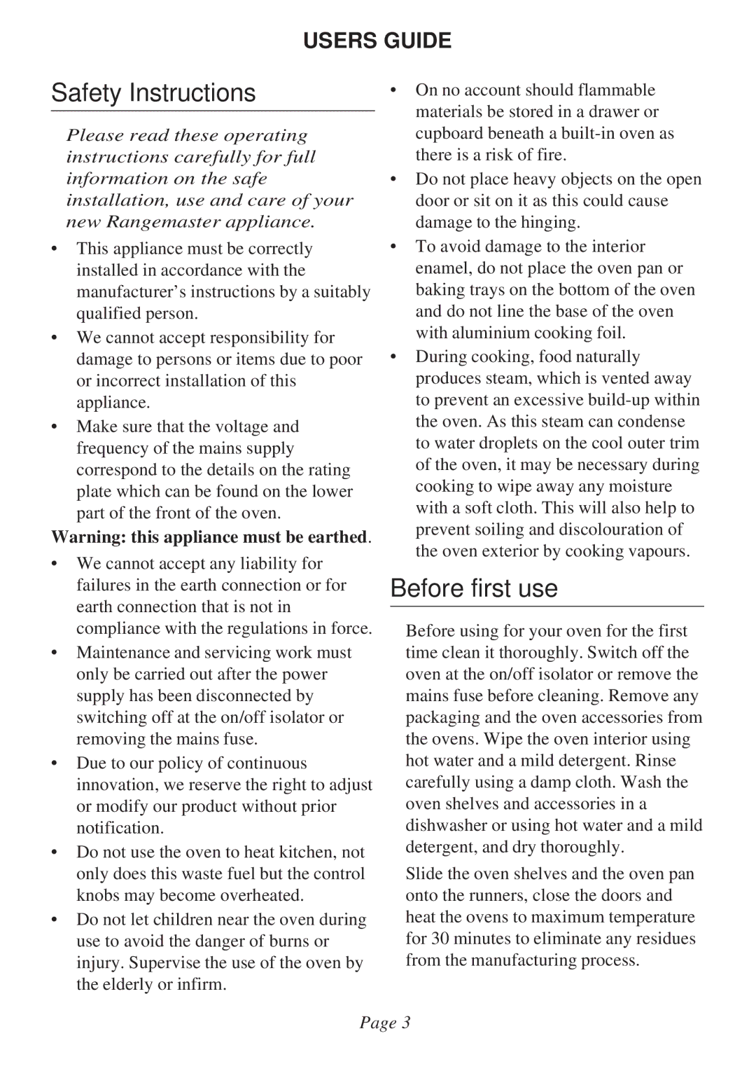 Rangemaster Double Built in Oven manual Safety Instructions, Before first use 