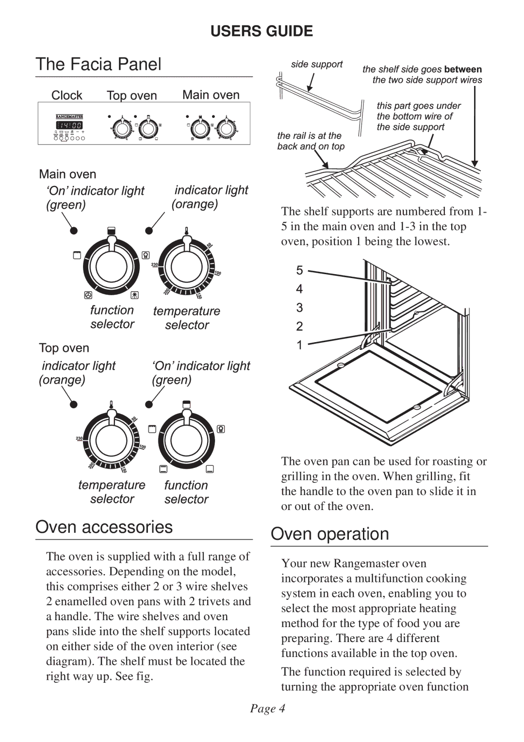 Rangemaster Double Built in Oven manual Facia Panel Oven accessories, Oven operation 