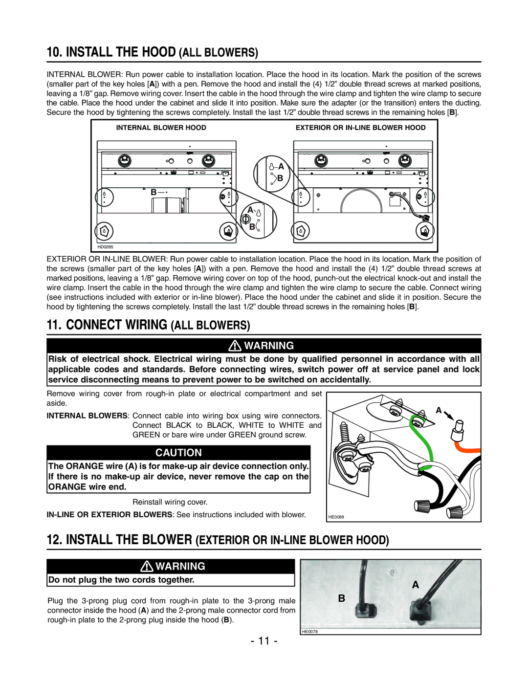 Rangemaster E6448SS, E64000 installation instructions Install the Hood ALL Blowers, Connect Wiring ALL Blowers 