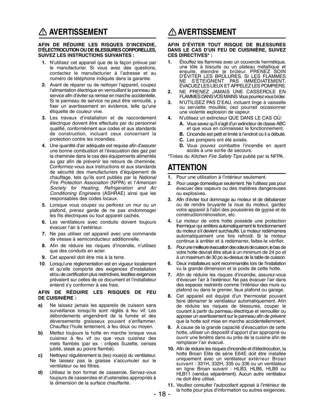 Rangemaster E64000, E6448SS installation instructions Avertissement, Afin DE Réduire LES Risques DE FEU DE Cuisinière 