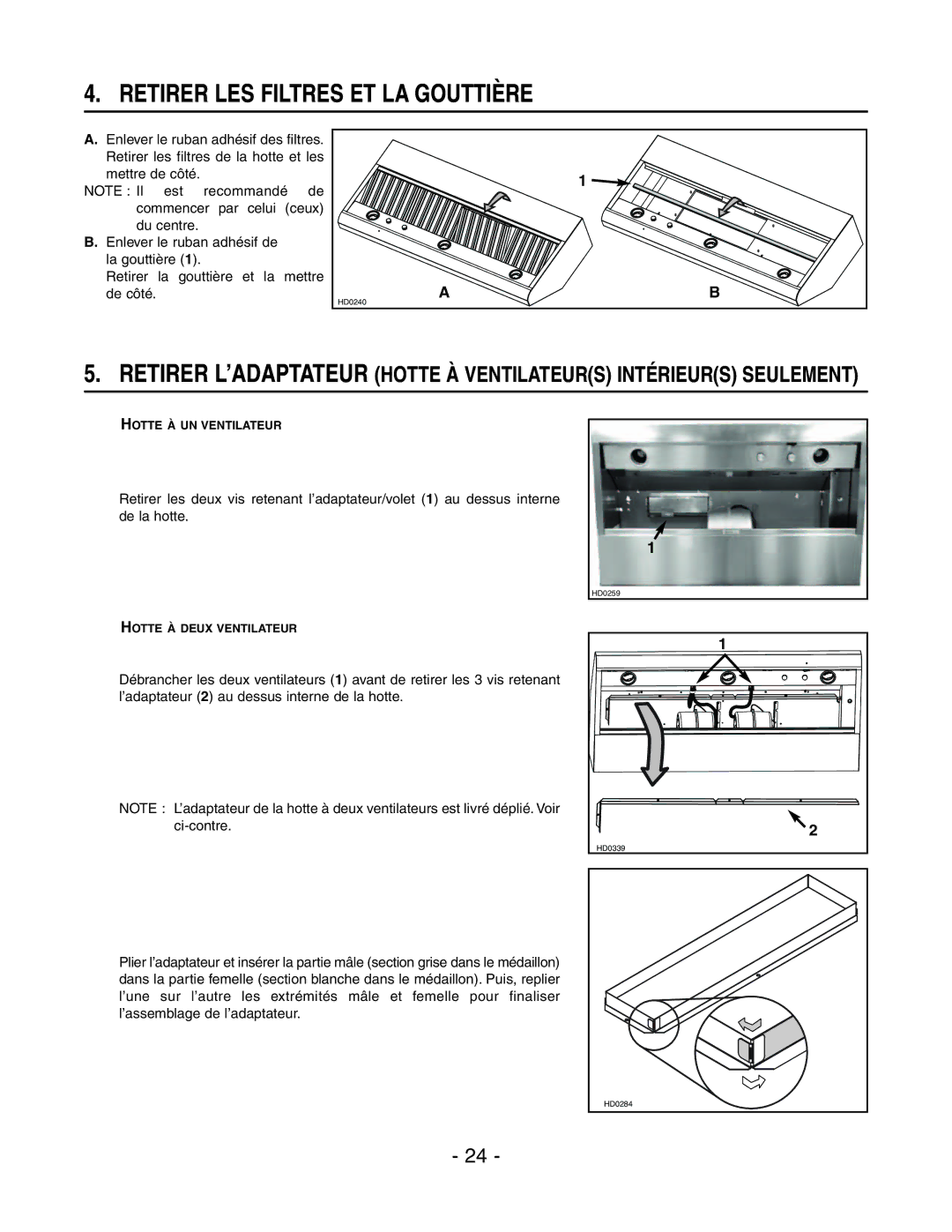 Rangemaster E64000, E6448SS installation instructions Retirer LES Filtres ET LA Gouttière 