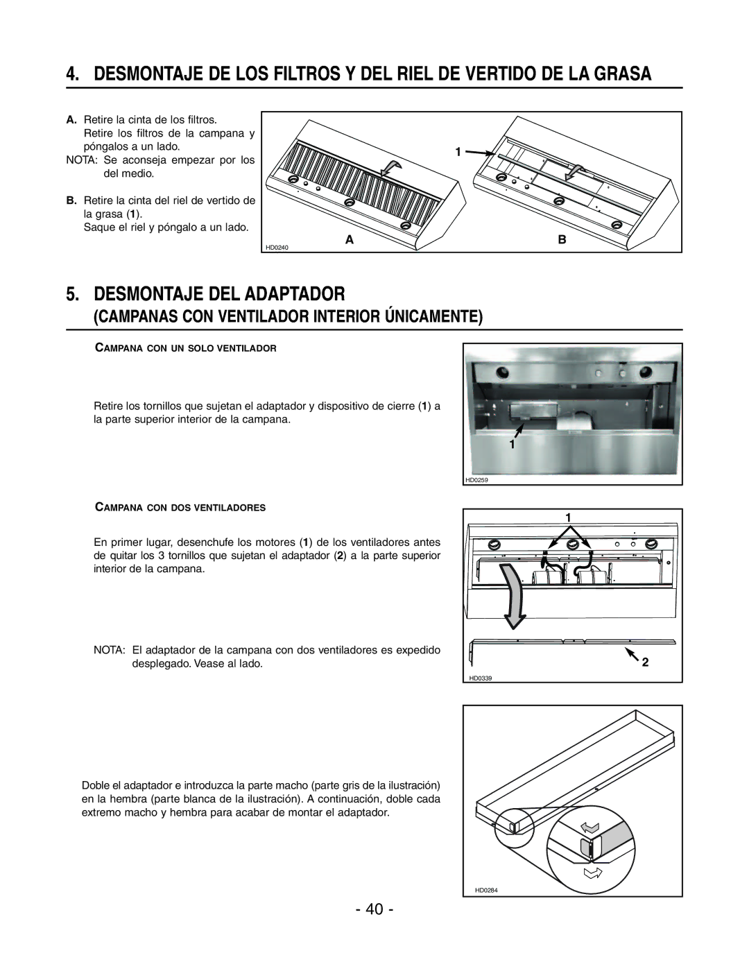 Rangemaster E64000, E6448SS installation instructions Desmontaje DEL Adaptador, Campanas CON Ventilador Interior Únicamente 