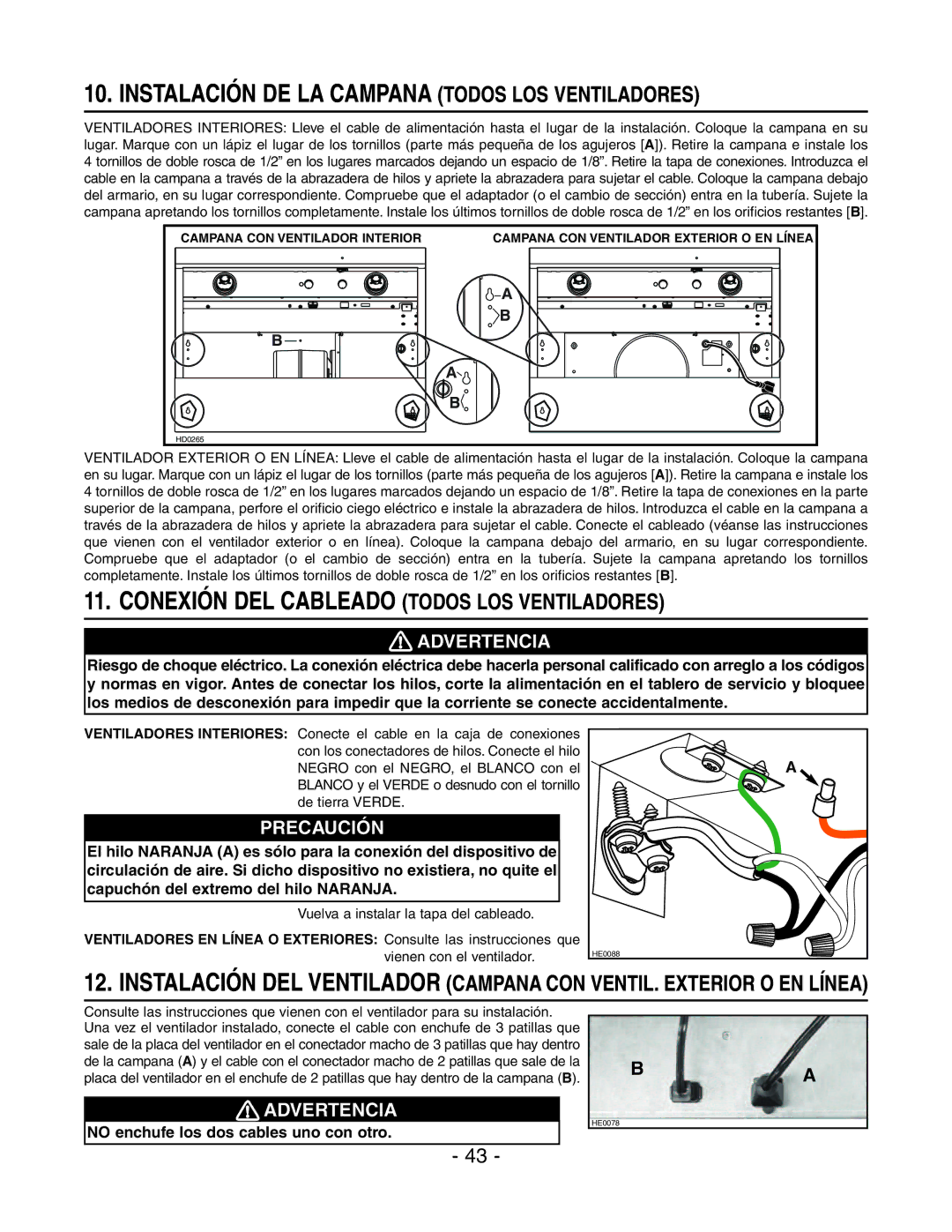 Rangemaster E6448SS, E64000 Instalación DE LA Campana Todos LOS Ventiladores, Conexión DEL Cableado Todos LOS Ventiladores 