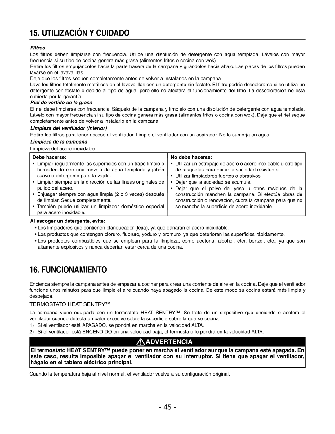 Rangemaster E6448SS, E64000 installation instructions Utilización Y Cuidado, Funcionamiento, Termostato Heat Sentry 