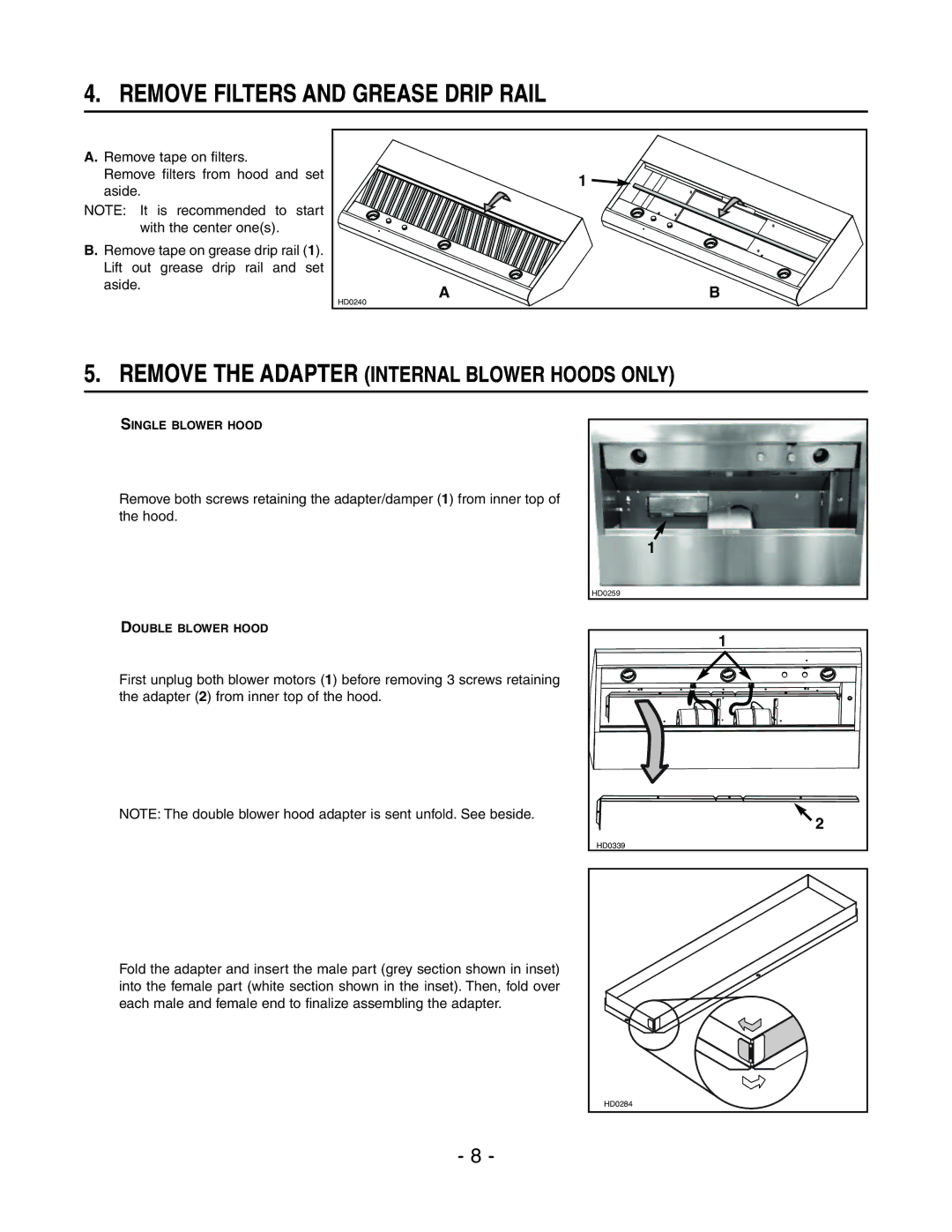 Rangemaster E64000, E6448SS Remove Filters and Grease Drip Rail, Remove the Adapter Internal Blower Hoods only 