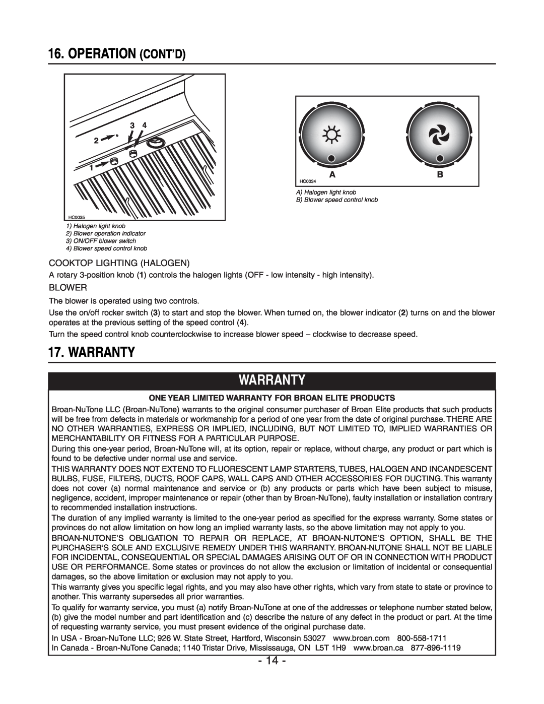 Rangemaster E64000, E6448SS installation instructions Warranty, Operation Cont’D, Cooktop Lighting Halogen, Blower 