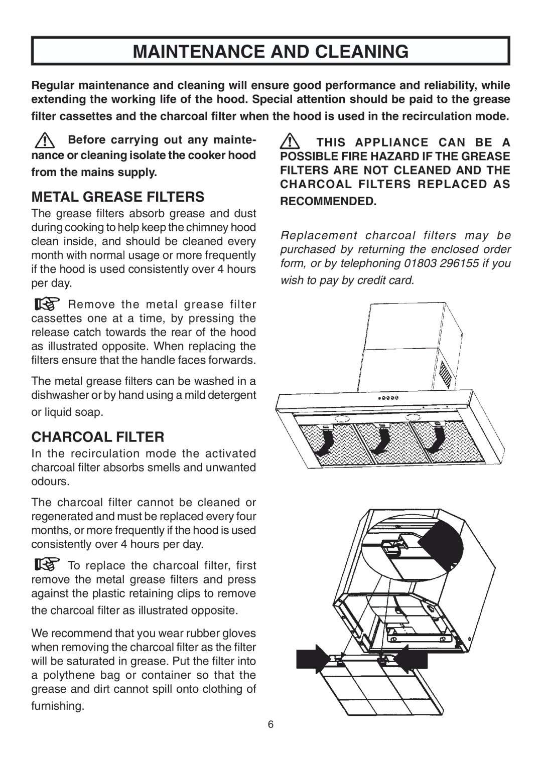 Rangemaster ELTSHDC110SG Maintenance and Cleaning, Metal Grease Filters, Charcoal Filter, Recommended 