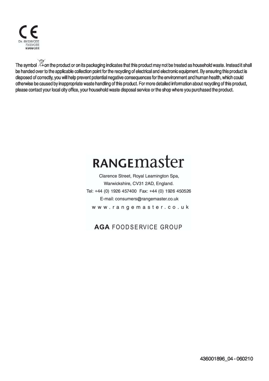 Rangemaster ELTSHDC110SG installation instructions 436001896, Dir. 89/336/CEE 73/23/CEE 93/68/CEE 